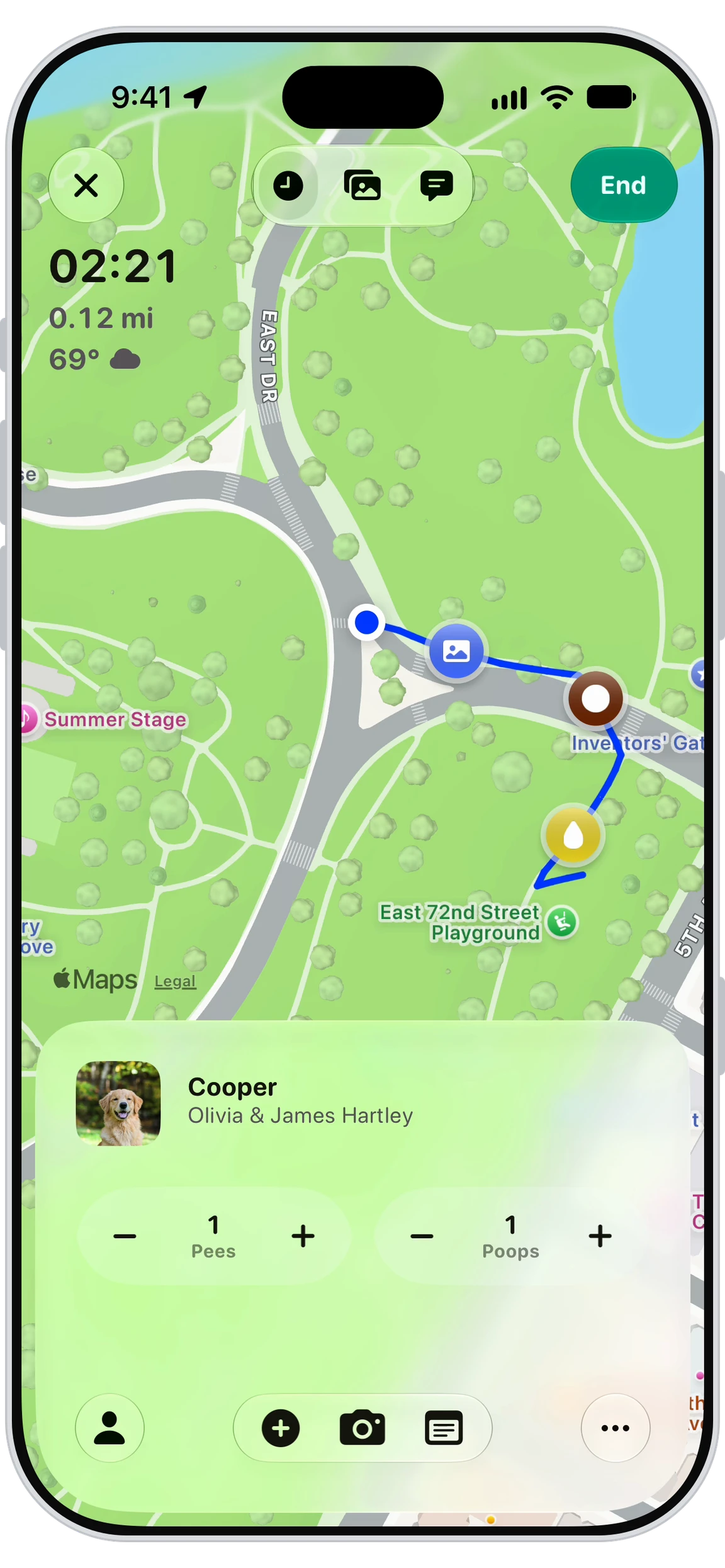 Walkies pet sitter app showing a live GPS dog walk on iPhone