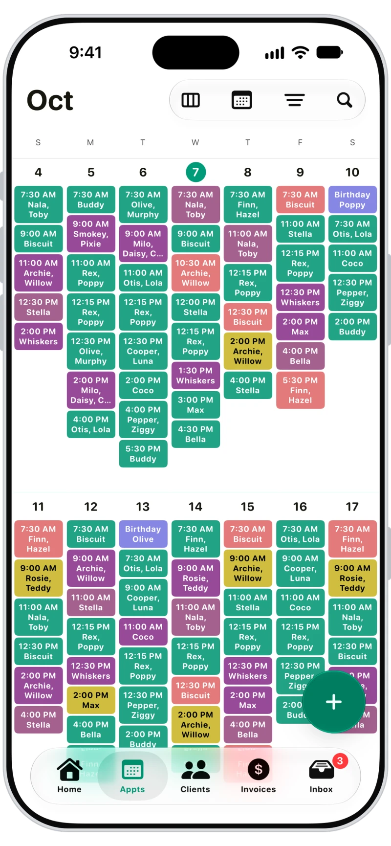 Walkies week calendar full of color-coded walks, drop-ins, grooms and training sessions