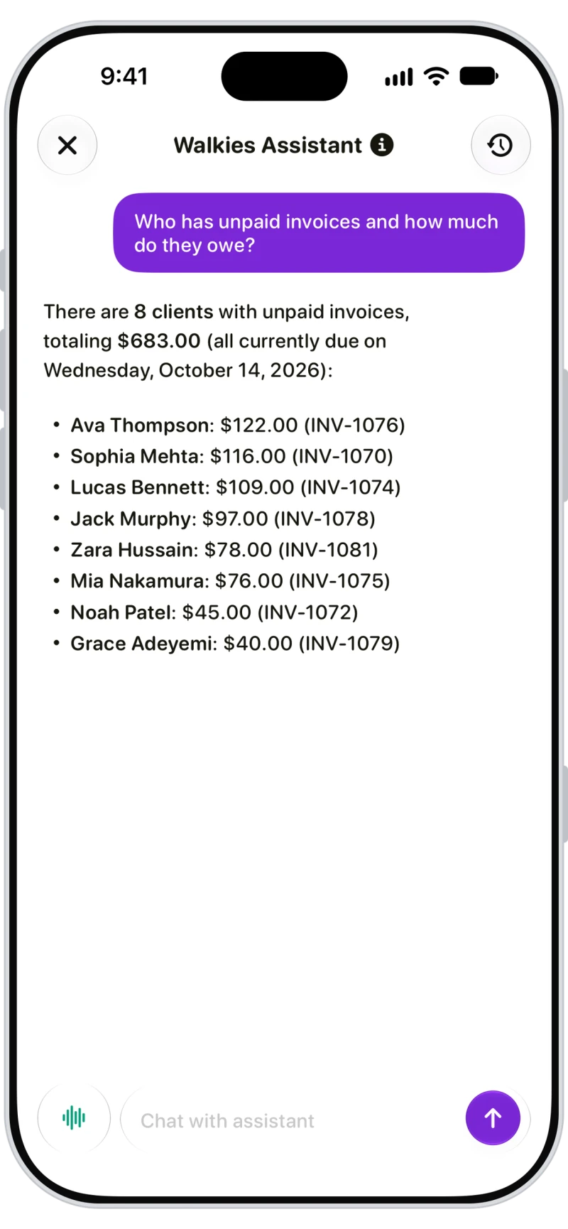Walkies Assistant listing 8 clients with unpaid invoices totaling $683