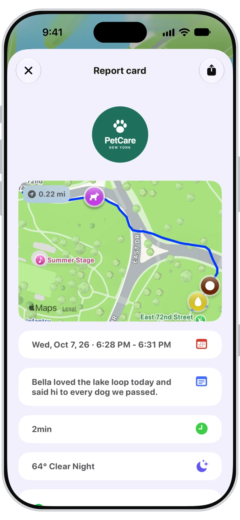 Walkies report card with the walk route map, date, notes, duration and weather