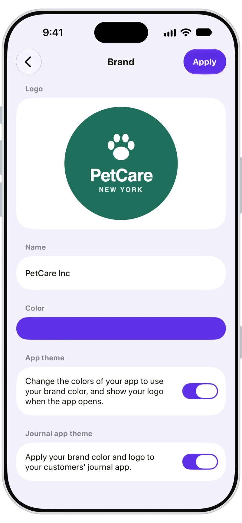 Walkies brand settings with the PetCare logo, a purple brand color, app theme and Journal app theme on