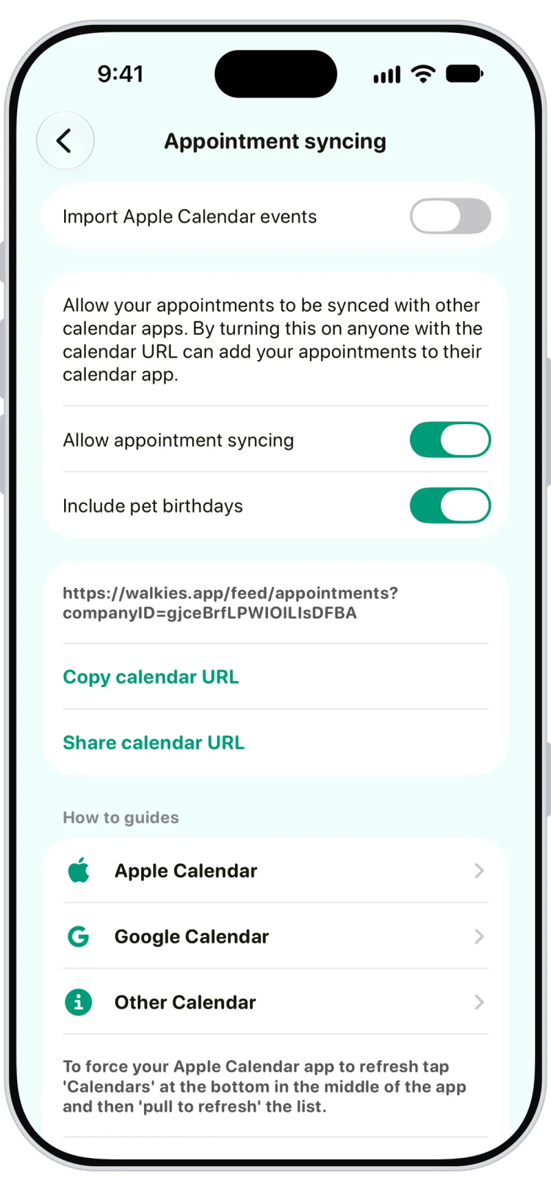 Walkies appointment syncing with a calendar URL and pet birthdays