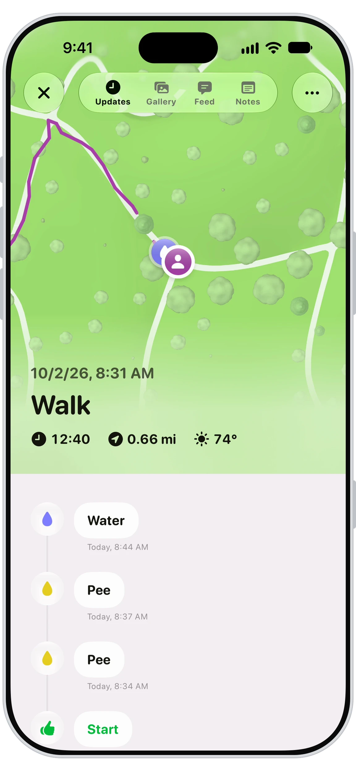Walkies Journal app showing a live dog walk update with photos