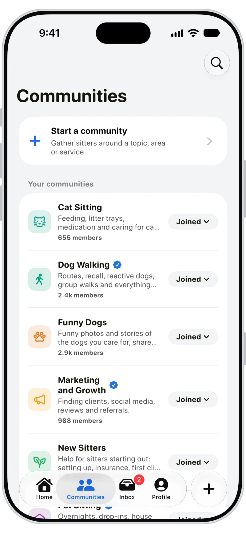 The communities list in Walkies Pack, with the communities you've joined and a button to start one