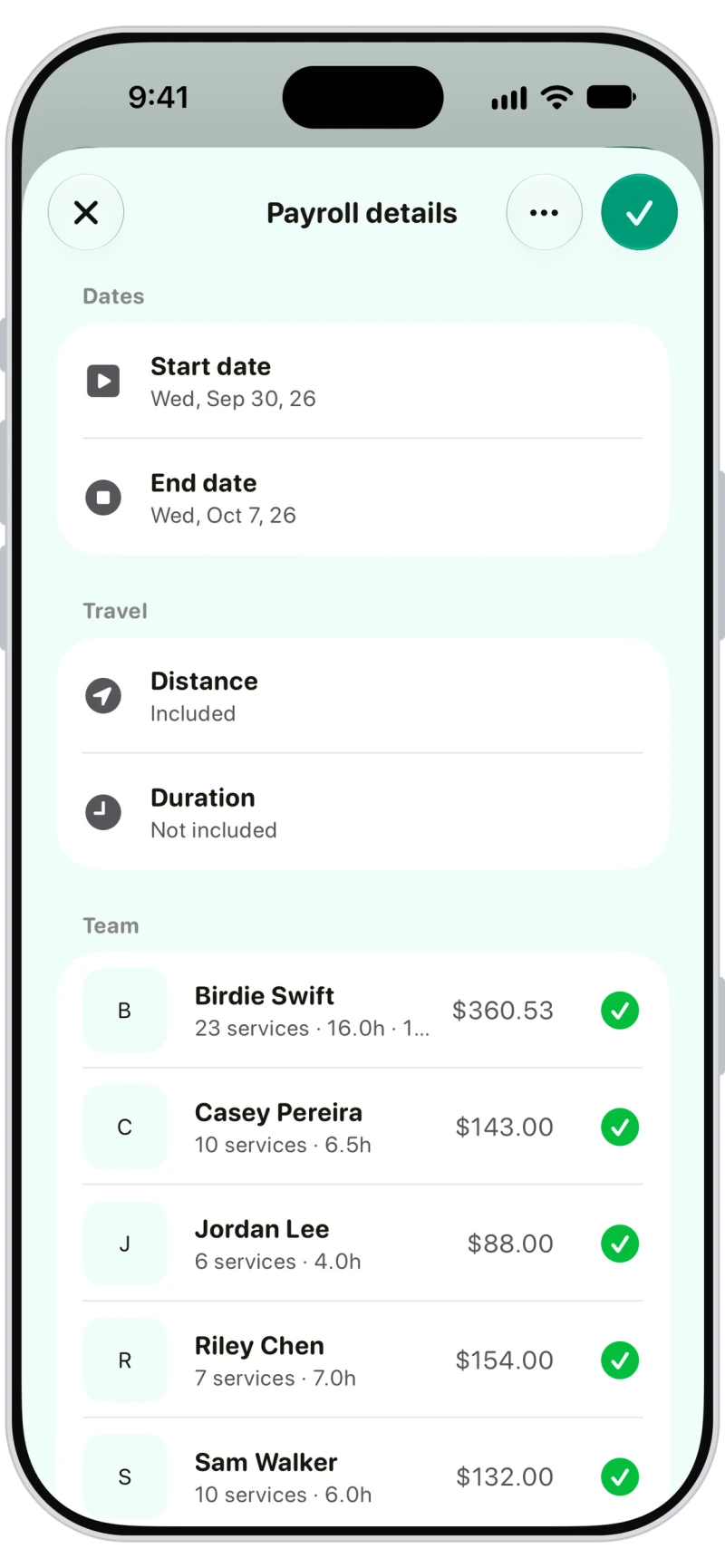 Walkies payroll details with each team member's services, hours and pay