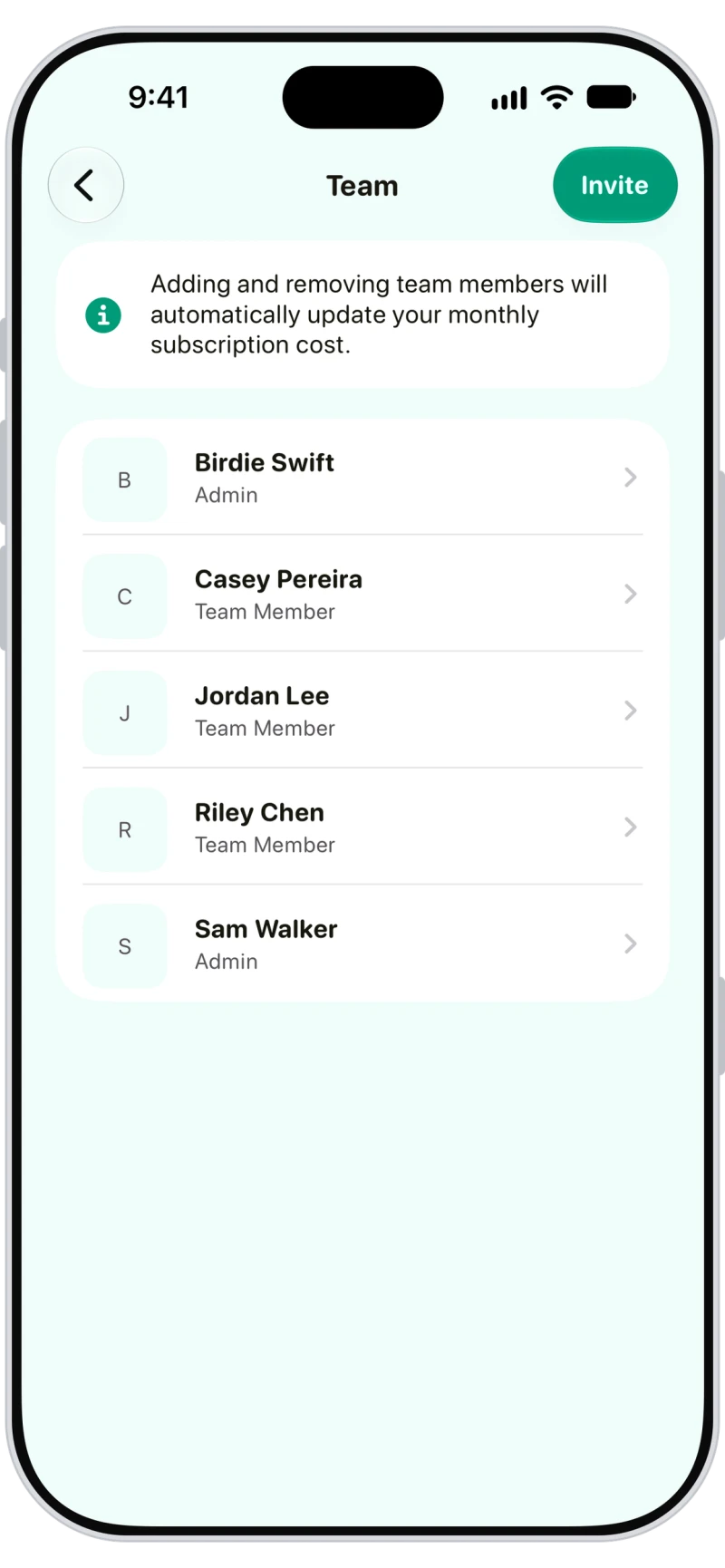 Walkies team list with admins and team members