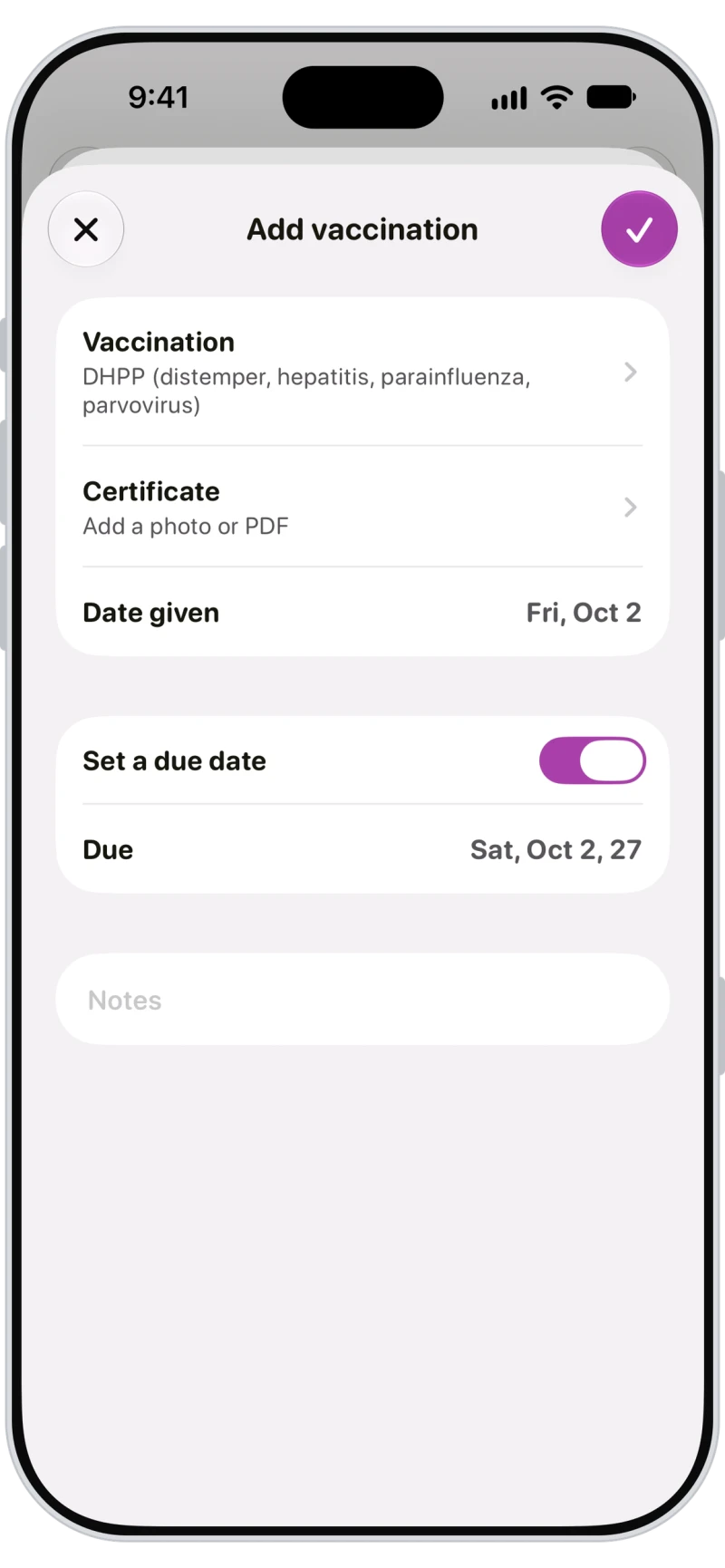 Pet owner adding a DHPP vaccination with a certificate and due date in the Walkies Journal app