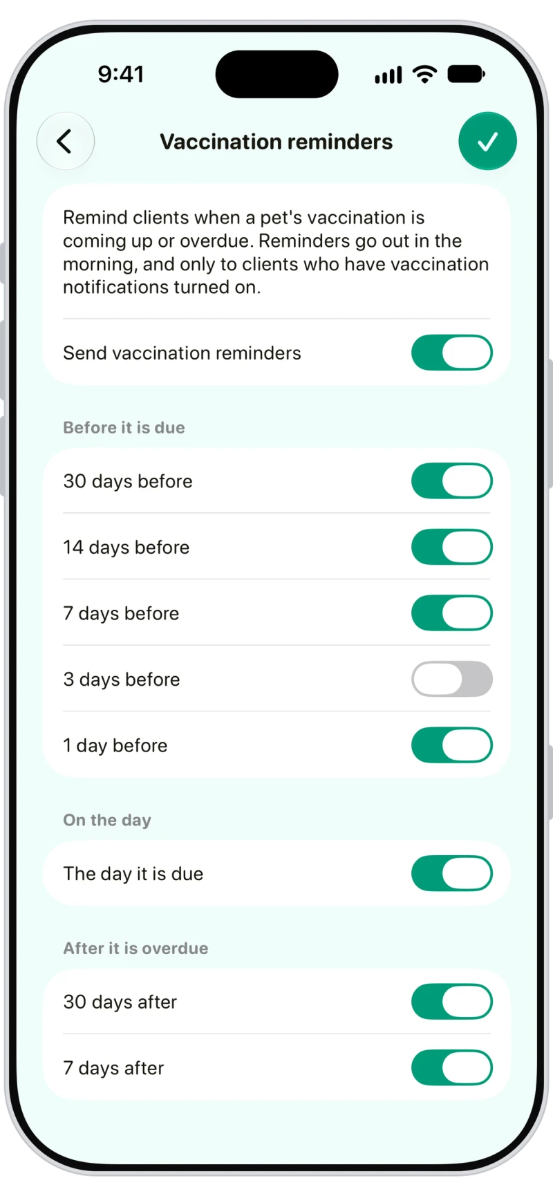 Walkies vaccination reminder settings sending reminders before a vaccination is due and after it is overdue