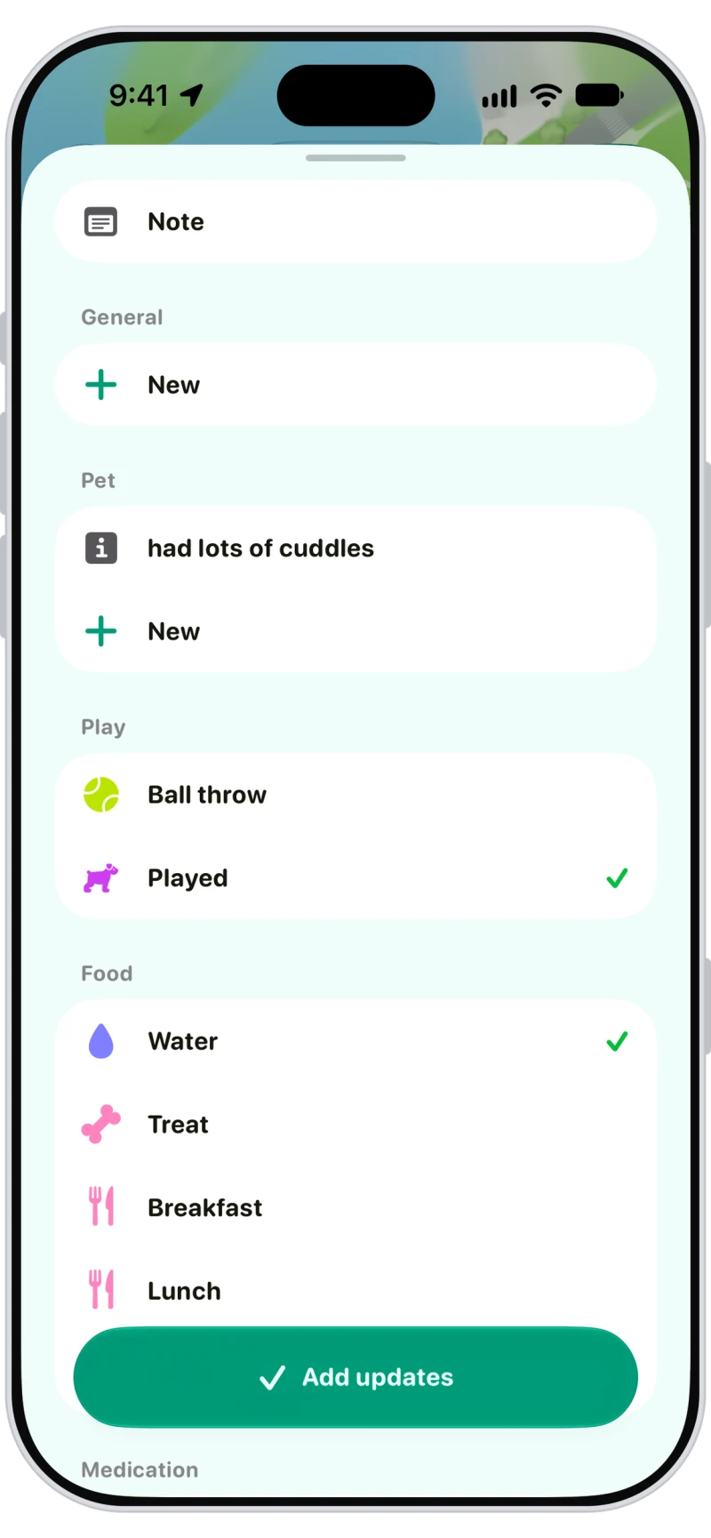 Walkies update picker with play, water and treat updates for a dog walk