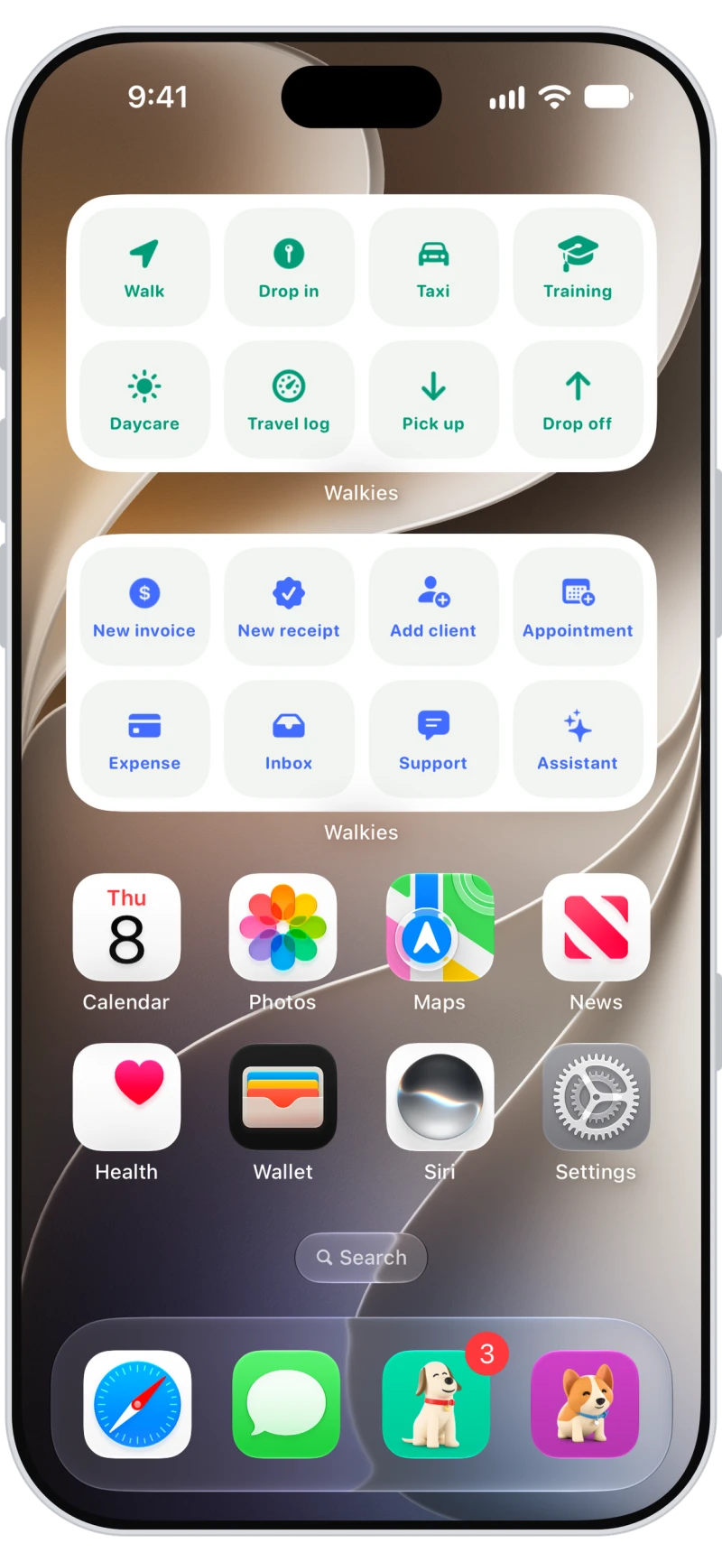 iPhone Home Screen with Walkies Quick Start and Quick Action widgets above the default apps, and Walkies and Walkies Journal in the dock